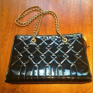 Black Patent Quilted Chain-Handle Shoulder Laptop Sized Bag